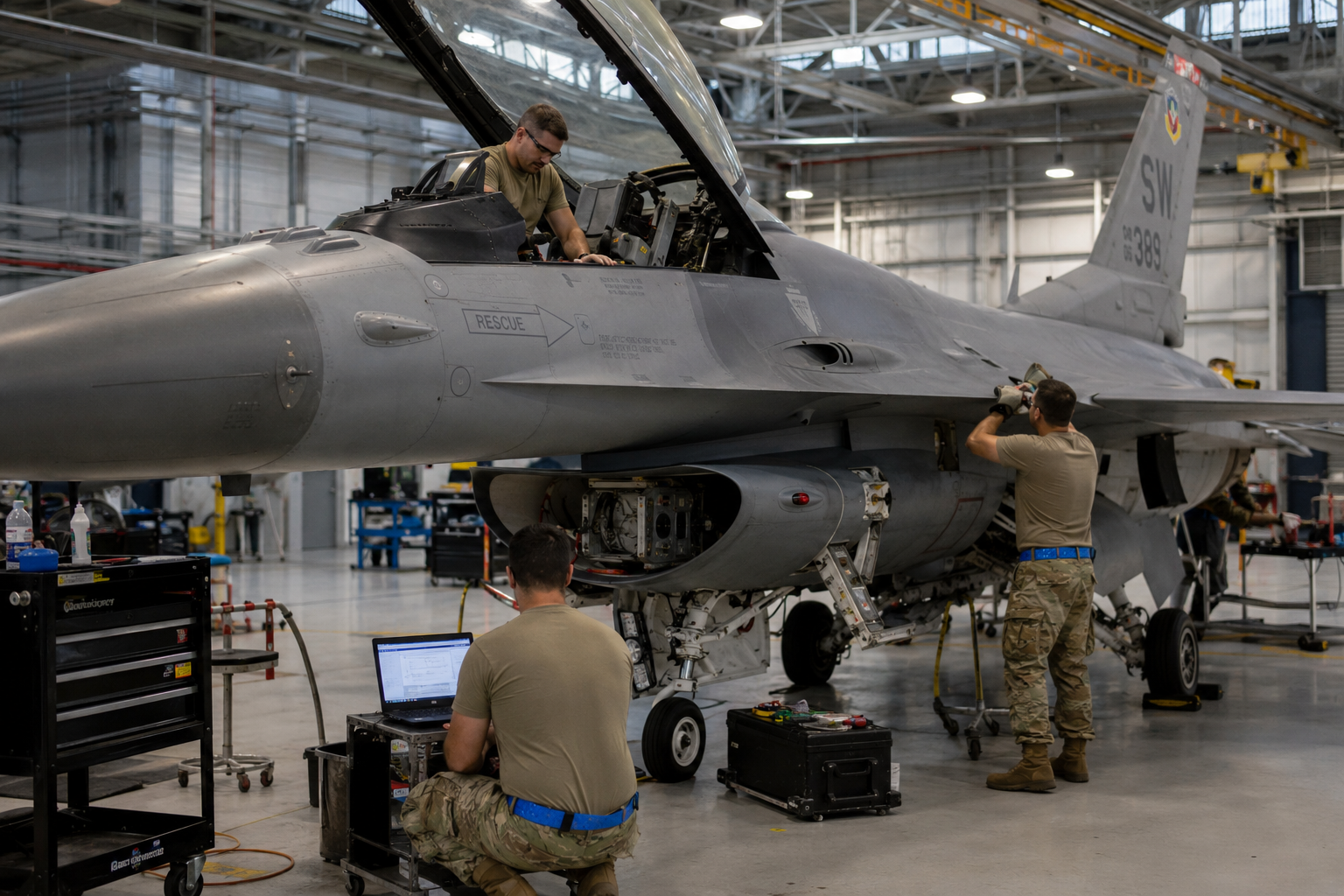 Air Force maintainers servicing an F-16 with a laptop reference
