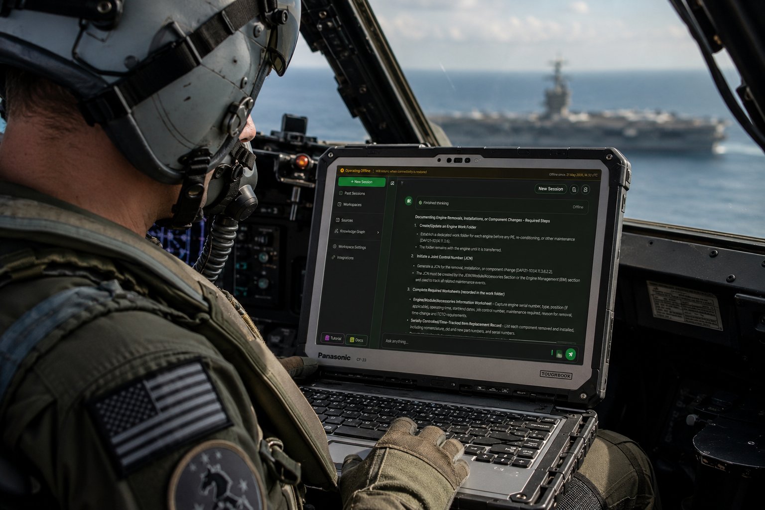 Navy pilot using Implicit on a Toughbook in a carrier-based aircraft, operating offline