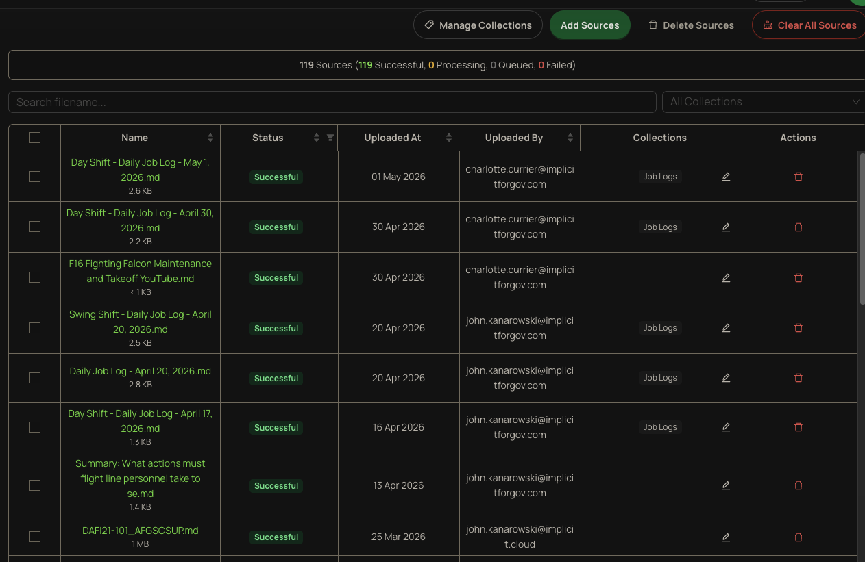 Source ingestion view showing all sources loaded in one place