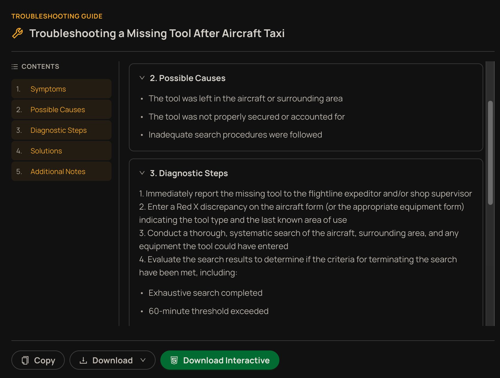 Troubleshooting guide with diagnostic steps and possible causes